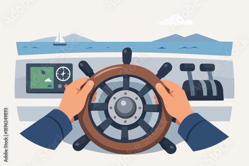 Captain hands steering a boat helm controlling navigation on the open sea