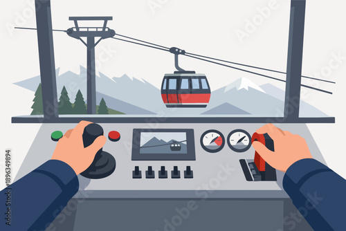 Person operating gondola lift machinery, supervising mountain transport from a station cabin