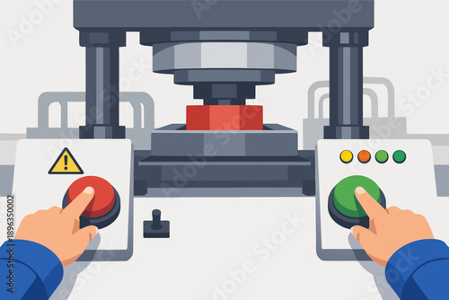 Worker operating heavy industrial hydraulic press machine, pressing an object
