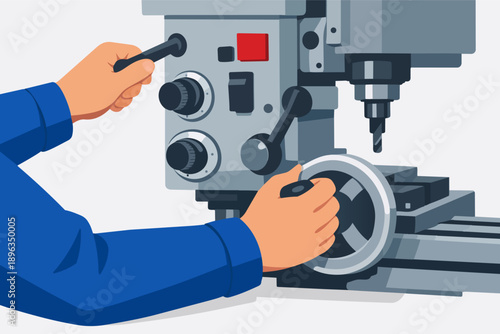 Worker hands adjusting controls on a milling machine for precision metalworking in industry