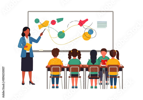 Elementary teacher explaining a colorful lesson on a whiteboard to students.