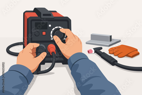 Welder's hands adjusting welding machine settings for metalwork