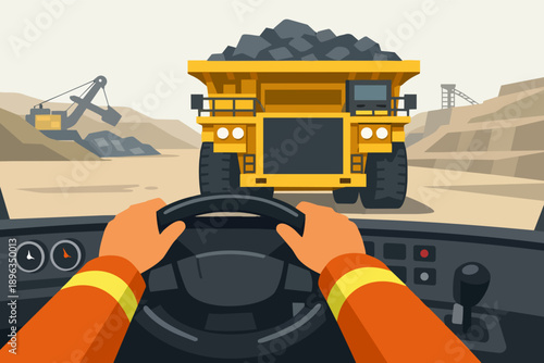 Driver perspective navigating open pit mine with dump truck and excavator