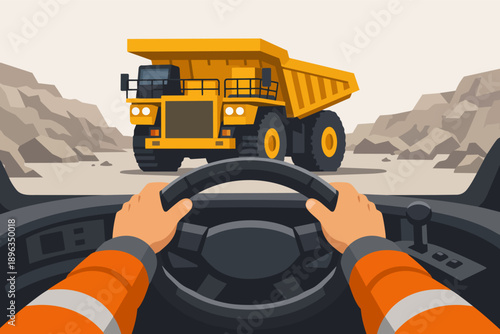 Mining dump truck passing on quarry road from worker driver perspective