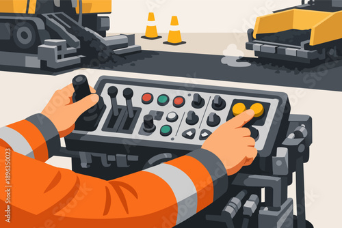 Road worker operating control panel of asphalt paver for construction and maintenance