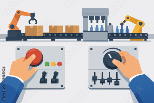 Hands controlling robotic manufacturing assembly line and automation for industry 4.0