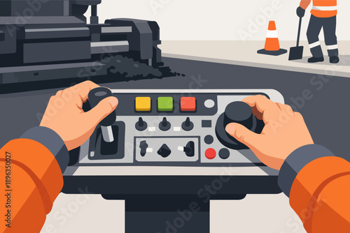 Construction worker operating machinery control panel on asphalt road construction site
