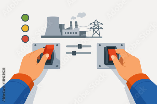 Power plant control panel with hands switching power generation and energy production