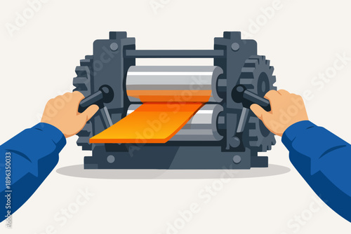 Worker operating rolling mill machine, flattening metal sheet in manufacturing process