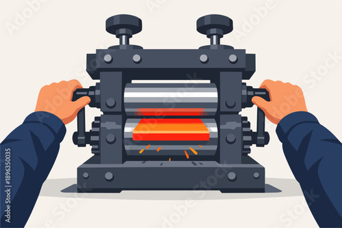 Worker hands operating a rolling mill, processing hot metal in industrial manufacturing