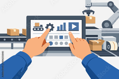 Hands using tablet controlling smart factory automation and robotic manufacturing process