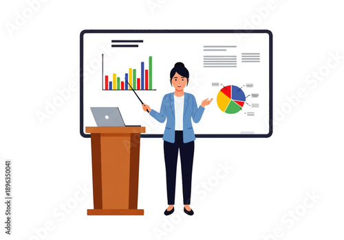 Businesswoman presenting data charts and graphs at a podium during a meeting.