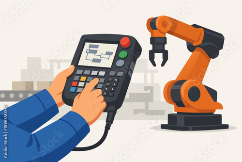 Engineer programming robotic arm using control panel in automated factory