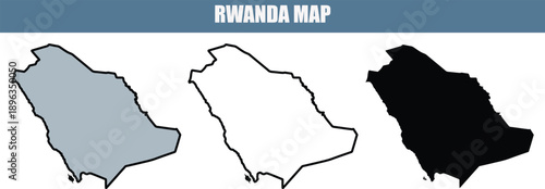 Rwanda map in three styles, including a detailed outline, black, and gray versions for various design needs.