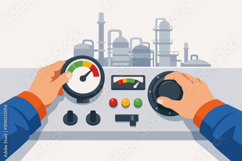 Worker managing industrial process on control panel, adjusting parameters at plant