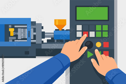 Worker operating injection molding machine, industrial manufacturing process control