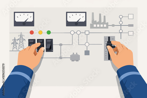 Hand controlling power panel switching electricity supply to industrial factory