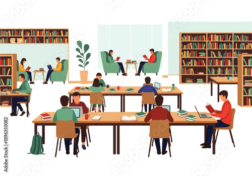 Students studying together in a modern public library.