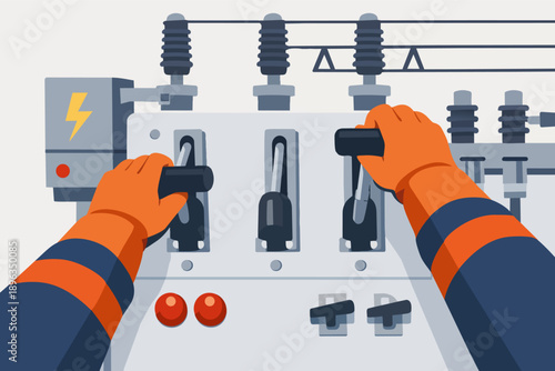 Hands operating electrical switchboard toggles controlling power grid energy