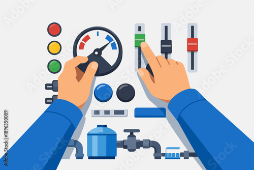 Hands adjusting control panel settings for industrial management and technical process optimization