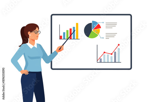 Businesswoman presenting charts and data analytics on a whiteboard to an audience.