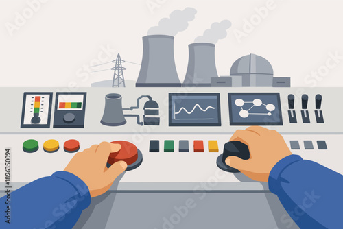Engineer operating control panel in power plant, managing energy generation