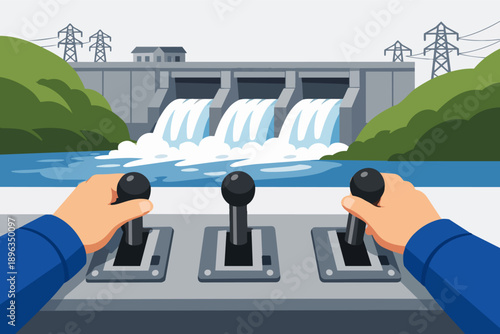 Hands operating control levers for hydroelectric dam generating renewable energy