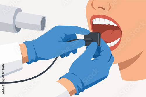 Dentist performing dental x-ray with intraoral sensor for oral health checkup