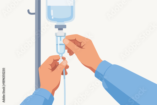 Nurse hands adjusting iv drip flow rate in hospital for patient treatment
