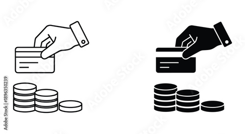 Hands holding credit cards with coins below in black and white illustration