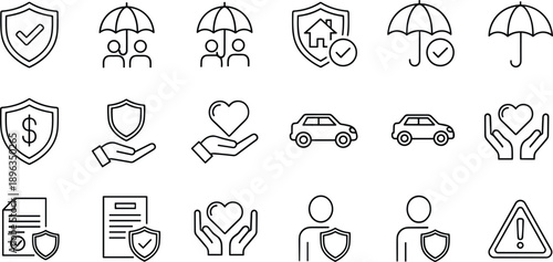 Insurance icons, protection symbols, safety graphics, shield checkmark, umbrella coverage, healthcare icon, financial security, risk management, black and white line set