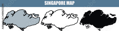 Singapore map illustration in three different styles, gray, outline, and black, on a white background, perfect for travel and geography projects.