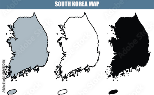 South Korea map illustration with grey, white, and black silhouettes on a clean white background, ideal for travel and geography projects.
