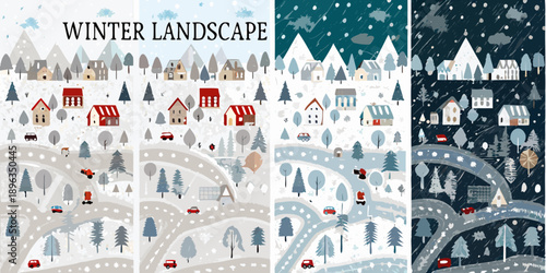 Charming winter village scenes with snow covered roads and cozy houses