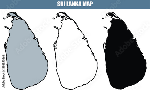 Sri Lanka map illustration in three different colors on a white background, ideal for travel and geography projects.