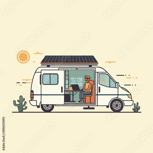 Minimalist vector illustration of van life and remote work lifestyle with a man in mobile office.