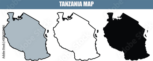 Tanzania map in three styles, including a grey, white and black outline on a white background.