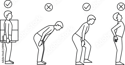 Proper lifting techniques, injury prevention, safe posture, back care, ergonomic movement, lifting safety, workplace health, correct form, visual guide, body mechanics