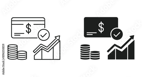 Financial Growth Icons: Credit Cards, Coins, and Charts in Black and White
