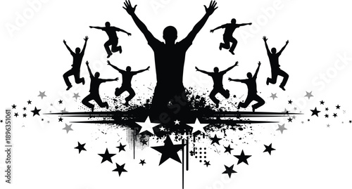 WebLarge Group of Happy Diverse People Silhouettes Jumping in Air with Joy and Celebration Concept on Abstract Blue Wave Background for Community Success and Freedom