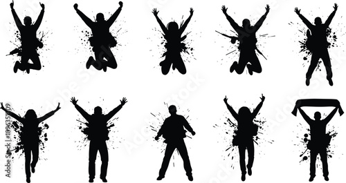 WebLarge Set of Energetic People Silhouettes Jumping and Celebrating Success with Abstract Grungy Ink Splatter Backgrounds for Sports Victory and Corporate Achievement Illustration