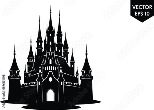 WebMajestic black fairytale castle silhouette with high towers and spires, magical fantasy fortress vector illustration isolated on white background for storybook design.