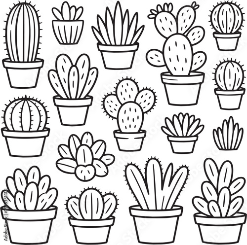 Cactus line icon set. Featuring potted cactus, succulent plants, desert flora and decorative houseplant symbols. Editable stroke vector illustration.