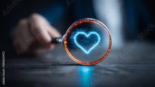 Magnifying glass highlighting heart symbol representing customer care, compassion and satisfaction concept.
