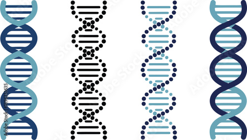 A digital illustration of four DNA helix structures arranged horizontally side by side against a white background.