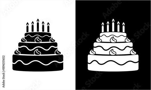 Black and white birthday cake with candles, hand-drawn illustration.