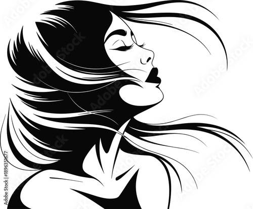 WebMinimalist Artistic Silhouette of Woman with Long Flowing Hair in Black and White Vector Illustration Representing Natural Beauty Freedom Empowerment Wellness Peace and Femininity