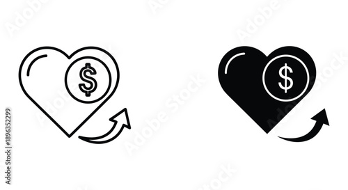 Heart Icon with Dollar Sign and Arrow, Finance Symbol, Black and White Illustration