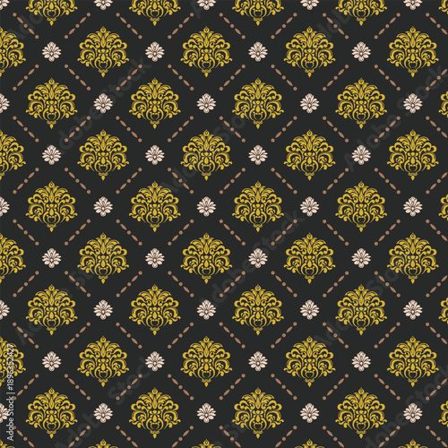 Seamless luxury damask pattern with repeating gold floral ornamental motifs on a dark background. Elegant classic design suitable for wallpaper, textile, fabric, and decorative surface design