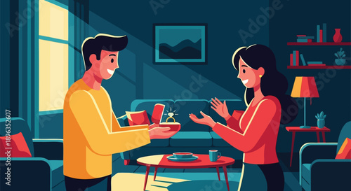 Surprise home engagement proposal with man kneeling in living room